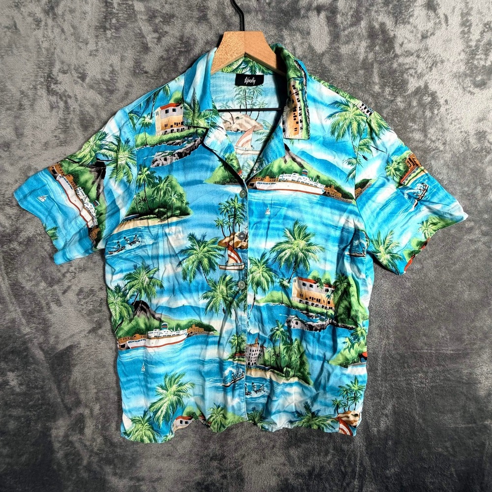 Tapestry Womens Hawaiian Shirt Blue Palm Tree Scenic Cruise Ship Beach Vacation